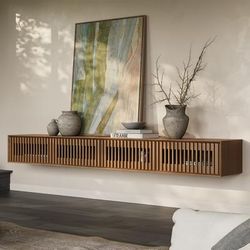 95" Walnut Floating TV Stand, Modern Minimalist, Four Cabinets, Fully-Assembled, Perfect for 85-inch TVs