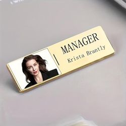 TEMU Custom Engraved Stainless Steel & Acrylic Name Badge Pin - Elegant Golden-tone Design With Personalized Slogan For Managers & Professionals, Square Id Tag With Photo Space