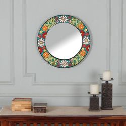 'Multicolor Spring-Patterned Round Ceramic Mosaic Mirror'