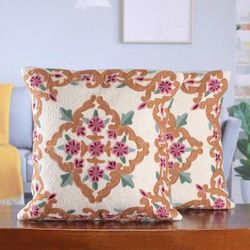 'Bollywood-Inspired Embroidered Cotton Cushion Cover Pair'