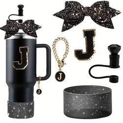 TEMU 5pcs Accessories Set For 30oz 40oz Tumbler Cup Including 10mm Diamond Straw Cover Topper Bow Ties Initial Sticker And Letter Charm And Silicone Protective Boot For Decoration