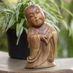 'Hand-Carved Wood Sculpture Inspired by The Laughing Buddha'