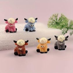 TEMU 5pcs Highland Cow Car Accessories - Cute Decorative Figurines For Dashboard, Computer Monitors, Gardens & Party Favors - Durable Abs Material, (pink, Blue, Brown, Yellow)