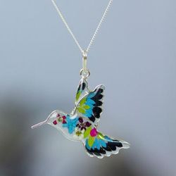 Blue Hummingbird,'Natural Flower Resin Blue Hummingbird Pendant Necklace'