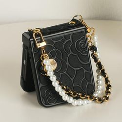 TEMU Stylish Pc Material Full Cover Mobile Phone Case, Camellia Simulation Leather With Pearl Lanyard Suitable For Galaxy /4/5/ Mobile Phone Protective Cases