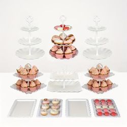 TEMU 10pcs Cake Stand Set With 3 Three-tier And 3 Double-tier Cupcake Stands, 4 Appetizer Trays, Family Dinner, Outdoor Party, Birthday Baby Bridal Shower (white, Black)