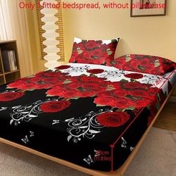 TEMU Soft Brushed Fitted Sheet With Romantic Red Rose Print - Deep , Machine Washable, Bedroom &