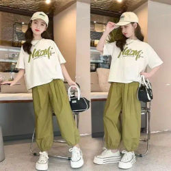 2025 été enfant ensemble vêtements filles survêtement lettre t-shirt + vert Sport cheville-attaché pantalon enfant adolescent 5 6 7 8 9 10 11 12 ans