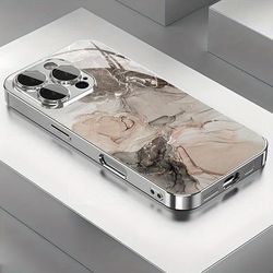 TEMU Marble Texture Stitched Pattern Electroplated Glass Phone Case For Iphone 16 Pro Max/15 Pro/14 Plus/13/12/11/x/xr/xs Max, With Lens Protection, Stylish Design And