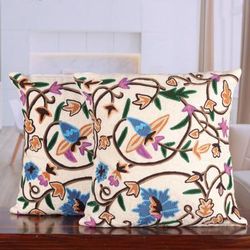 'Spring-Themed Acrylic Embroidered Cotton Cushion Cover Pair'