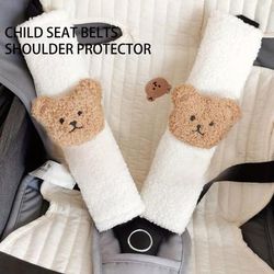 TEMU Pair Of Adorable Teddy Bear Shoulder Pads For ' Belts - Soft, Anti-friction Polyester, Fits Strollers & Car Seats, White With Brown Accents, Stroller Accessory| Design|soft Padding