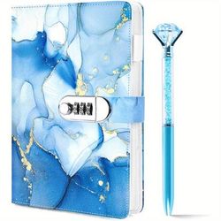 TEMU 1pc Diary With Lock, With Pen, A5 Pu Leather Journal, With Lock 120 Sheets Blue Password Locked Travel Notebook, For Anniversary, Graduation, Christmas, Or A Birthday Celebration