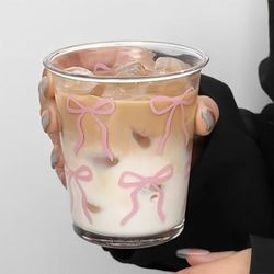 TEMU 1pc Glass Coffee Cup With Bows Design, Clear Glassware, Suitable For Cappuccino, Tea, Espresso, Latte And Hot Drinks, Ideal Birthday And Holiday Gift.