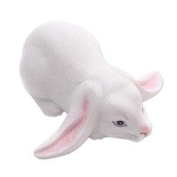 White Lop Bunny,'Balinese Signed White Lop-Eared Rabbit Sculpture'