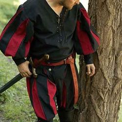 Medievale Rinascimento 17° secolo Camicia Tunica Cavaliere Vichingo Crociato Lanzichenecco Con Volant Blocco di colori Costume Per uomo Celtico Vichingo Costumi da pirata Halloween Carnevale