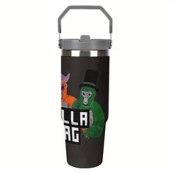 "TEMU 1pc 30oz Insulated Stainless Steel Tumbler With Gorilla Design & "gorilla Tag" Text - Vacuum Insulated Travel Mug, Leak-proof Lid & Handle For Hot/cold Drinks, Outdoor Camping Hiking Water Bottle"