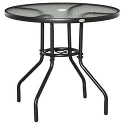 TEMU Round Dining Table With Parasol Hole, Outdoor Coffee End Side Table With Tempered Glass Top, For Garden, Black
