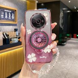 TEMU Redmia3 Transparent Diamond Wrist Strap Glitter Rotatable Windmill Phone Holder Case On For Xiaomi Redmi A3 Stand Back Cover