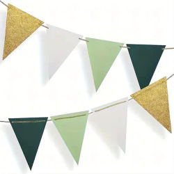 Drapeaux triangulaires dorés et verts, 16 pièces, fête cadeau de mariée pour bébé, décoration de fête d'anniversaire, bannière de fête de mariage
