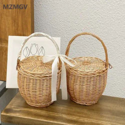 Meet You Trend Sac en rotin tissé à la main bohème été panier en osier sac à main pour femmes 2025 voyage vacances sac de plage avec housse
