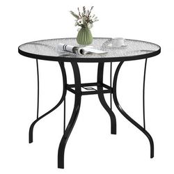TEMU Outsunny Outdoor Dining Table With Parasol Hole, Tempered Glass Top Metal Frame Coffee Table, Round, 96.5 X 96.5 X 71 Cm, Outdoor Table