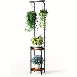 TEMU 1pc Plant Stand Indoor Outdoor - Heavy Duty Metal 2-tier Hanging Plant Holder Space-saving Iron Plant Stands Tall Plant Shelf For Living Room Garden Balcony, Rustic Brown And Black