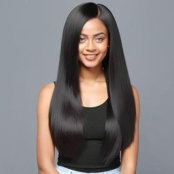 TEMU 28-inch Black Mid-length Wig With Center Part - High Density, Heat Resistant Fiber, Elegant Style For And Parties, Everyday Hairpiece|sleek Hair|durable Wi