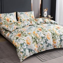 TEMU 3pcs High-quality Brushed Light Beige-friendly Plant Geometric And Hotel Supplies Set: 1 Duvet Cover + 2 Pillowcases