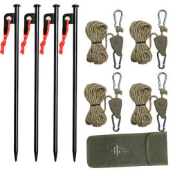 MF 4Pcs Outdoor Tent Nail 4Pcs Adjustable Metal Gears Pulley Ropes Heavy Duty Steel Pegs Tent Stakes for Camping Awning Tent