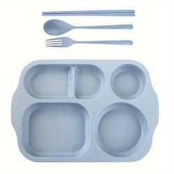 TEMU 4pcs Durable Plastic Compartment Meal Plate Set - 5-compartment Bento Plate With Spoon And Fork | Microwave Dishwasher Safe | Home Picnic Party Meal Plate Suitable For Camping Travel