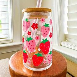 TEMU One, Strawberry Flowers Printing Glass With Lid And Straw, 16oz Can-shaped Water Cup, Iced Coffee Cup, Suitable For Tea, Juice, Milk, Birthday Gift, Drinking Utensils