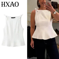 HXAO Sleeveless Crop Tops For Woman Summer Butterfly White Black Top Women Casual Pleated Tank Tops Fitted Elegant Woman Top 088