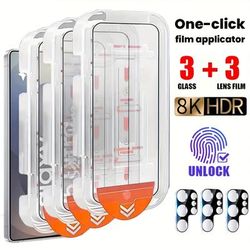 TEMU 3pcs Hd Auto- Dust-free Film Applicator Tempered Glass + 3pcs Camera Lens Protector For Galaxy S25 Edge S24 Ultra S23 Fe S22 S21 S20 Plus Fe A56 A36 A55 5g A35 A54 A53 A16 A26 A52, Full Cover,