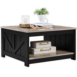 TEMU Yaheetech Wooden Table With Storage Shelf, Stylish Tea Table With Under-top Storage, Modern Rustic Coffee Table For Living Room Home Office, 80×80×45 Cm, Grey