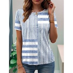 Per donna Maglietta Stampato Grafico A righe Vintage Elegante Classico Manica Corta Girocollo Top Regolari Quotidiano Weekend Blu Rosa Viola Grigio Estate Primavera