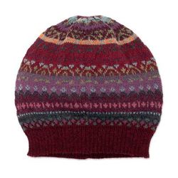 Andean Mirage,'Burgundy Ribbed 100% Baby Alpaca Hat with Geometric Designs'