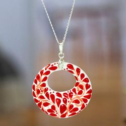 Leafy Love,'Fair Trade Romantic Red Ceramic Pendant Necklace from Mexico'