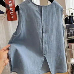 Chemise en Coton et Lin à Col Rond pour l'Été, Fine, de Niche, Polyvalente, Petit Haut