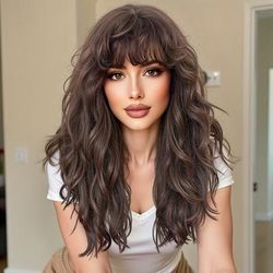 TEMU Long Wavy Dark Brown Wig With Bangs For Women - High-temperature Synthetic Fiber, Cap, Natural-looking Curls,