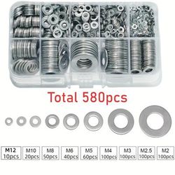 TEMU 80/180/580pcs Stainless Steel Flat Washers Classification Set (m2 M2.5 M3 M4 M5 M6 M8 M8 M10 M12) Is Suitable For Repairs