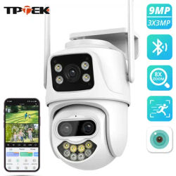 9MP 6MP Wifi Camera IP Outdoor PTZ Security Three Lens Dual-Screen Ai Humanoid Detection Auto Tracking Surveillance Camera iCSee