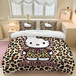 TEMU 3pcs Hello Kitty Leopard Kimono Comforter Duvet Cover Set, Cute Bedding Set With 1 Duvet Cover And 2 Pillowcases, Leopard Print With Kimono,