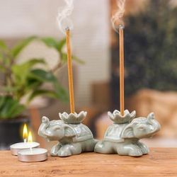 '2 Elephant-Shaped Green Celadon Ceramic Incense Holders'