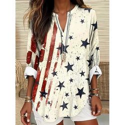 Blusa Patriottica Giorno dell'Indipendenza per Donne Simil Lino Traspirante Leggero Tunica Collo a V Maniche Lunghe Boho Casual Grafica Bandiera Vintage Tropicale Regolare Wear Stampa Giornale