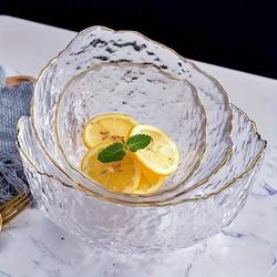 TEMU Three-piece Set Japanese Hammer Pattern Glass Fruit Salad Bowl Plate Nordic Style Creative Salad Plates For Home Use