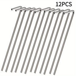 TEMU 12pcs Heavy-duty Stainless Steel Tent Pegs With Curved Ends - Rust-resistant Ground Stakes For Camping, Gardening, Christmas Decorations & Outdoor Use