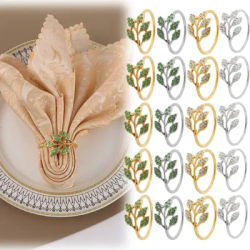 Anneau de serviette en diamant, 6 à 48 pièces, nouvelle boucle de serviette, feuilles vertes, anneau en métal de haute qualité, décoration de banquet de table d'hôtel