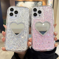 Luxury 3D Love Heart Mirror Glitter Sequins Phone Case For iPhone 16 14 15 13 12 11 Pro Max Plus