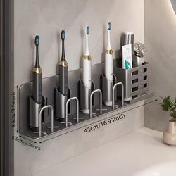 TEMU Wall-mounted Aluminum Toothbrush Holder | No-drill Installation | With Storage Slots & Cups | Space-saving Bathroom Organizer For Electric Toothbrushes And Razors