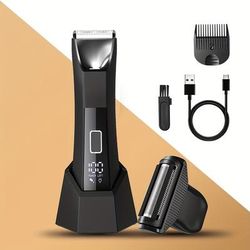 TEMU Createdog 2-in-1 Men's Body Trimmer & Shaver, Dual-head With Foil Blades, Illuminated Groomer For Pubic, Groin, Back - Includes Travel Lock, Pouch, Usb-c Cable, Lcd Display, Shaving Accessories